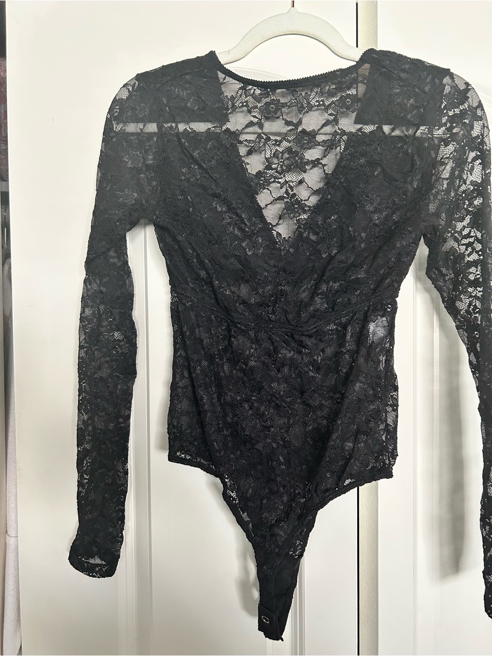 Black Lace Long-Sleeve Bodysuit - Women Tops-M